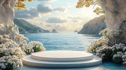 White podium on calm ocean sunrise seascape