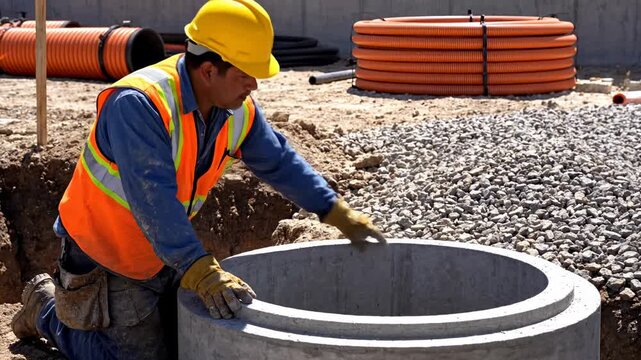 Construction Worker Inspecting Concrete Manhole