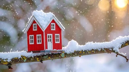 A charming miniature red house, nestled on a snow-laden tree branch, illuminated by the soft, warm glow of a winter morning, symbolizing a cozy home amidst the serene frosty landscape - Powered by Adobe
