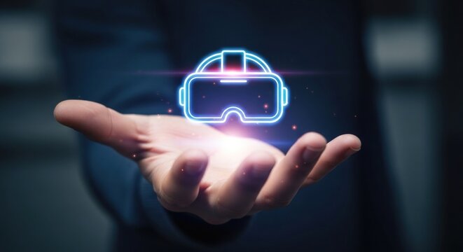 Virtual reality glasses icon displayed on a hand representing digital technology