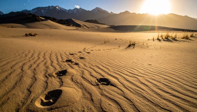 Footprints trail across golden desert sand at sunrise, curving toward misty mountains in the distance.