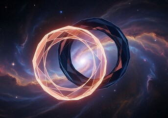Cosmic interplay geometric ring composition against a nebula backdrop