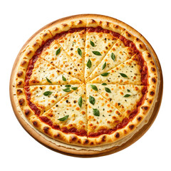 Classic margarita pizza, sliced, with tomato sauce and basil, overhead view