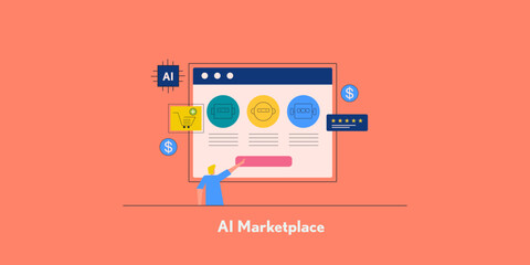AI solution for enterprise use, businessman browses multi chatbot on AI marketplace, purchase subscription for commercial purpose.