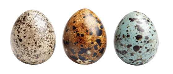 Three beautifully speckled eggs arranged in a row, showcasing unique patterns and colors, set against a clean, white background for a focus on their natural beauty