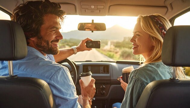 Couple in car during road trip, smiling with coffee cups and smartphone, mountains and sunset in background.