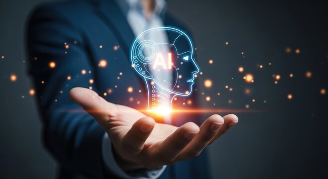 Businessman holding a virtual human head with AI elements