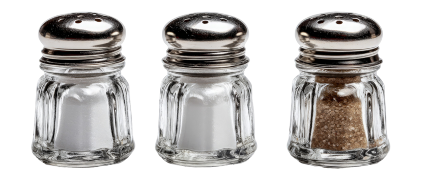 Three glass spice jars containing white salt, white sugar, and brown sugar, arranged neatly on a white background, showcasing kitchen essentials for cooking and seasoning