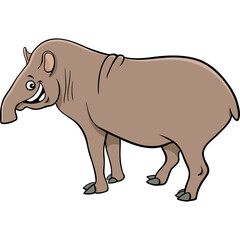 Cartoon Tapir with Smiling Face and Gray Skin Standing on Transparent Background