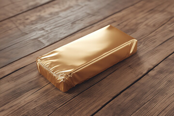 Metallic Bar Wrapper on Wooden Table Mockup