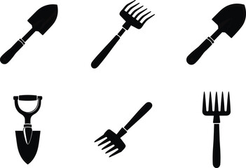 Gardening tools silhouette, hand trowel, rake, spade, garden fork, soil tools set, flat vector