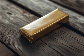 Metallic Bar Wrapper on Wooden Table Mockup