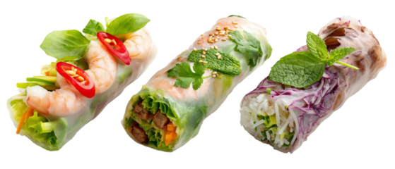 A vibrant display of three fresh spring rolls, filled with shrimp, vegetables, and herbs, beautifully arranged on a white background, ideal for culinary presentations or food blogs