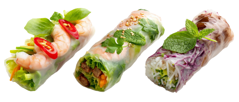 A vibrant display of three fresh spring rolls, filled with shrimp, vegetables, and herbs, beautifully arranged on a white background, ideal for culinary presentations or food blogs