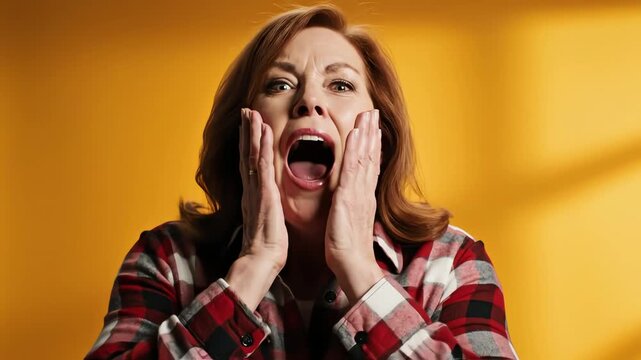 Exasperated woman expressing extreme frustration in a plaid shirt on yellow background