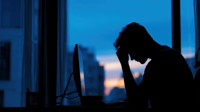 Silhouette of stressed person working late at computer against blue window light.