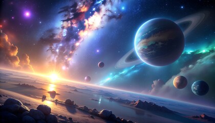 Vast cosmic expanse with a ringed planet dominating the celestial horizon, accompanied by other planets and nebulae, under a vibrant sunset