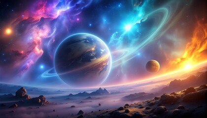 Colorful Nebula Scenery with Planet and Rings in the Distance, Space Exploration