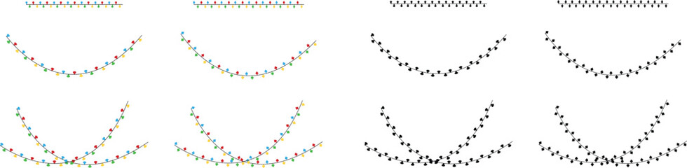 Colorful string lights set, festive decorative bulb garlands collection in multiple shapes and curves, holiday illumination decoration vector design on transparent background