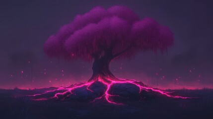 Fantasy tree with glowing roots in a surreal landscape.