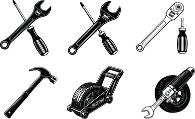 Hand tools and automotive equipment silhouette set, wrench, screwdriver, hammer, tire, jack, flat vector