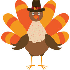 Cartoon Thanksgiving Turkey Wearing a Pilgrim Hat With Orange and Yellow Feathers Standing Against a Transparent Background