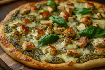Pesto Chicken Pizza with Cheese and Basil Leaves