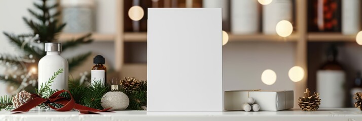 Festive mockup for christmas and new year display with holiday decorations and gift ideas. White poster, Christmas background. Template for pharmacy, cosmetics store. Horizontal banner. Copy space
