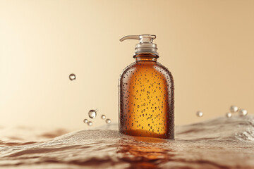 Horizontal Amber Glass Pump Bottle Mockup with Water Drops on Surface