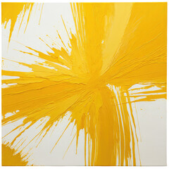 Yellow paint splatters across a square white surface in an abstract pattern