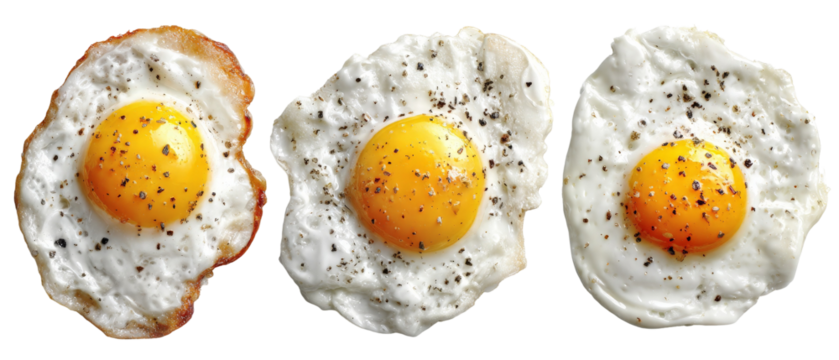 Three perfectly cooked fried eggs with bright yellow yolks, garnished with black pepper, arranged neatly on a white background, ideal for food photography and culinary presentations