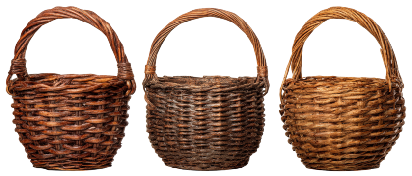 A collection of three intricately woven wicker baskets, showcasing various shades of brown and textures, against a transparent background, ideal for home decor or storage solutions