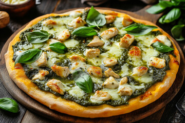 Pesto Chicken Pizza with Cheese and Basil Leaves