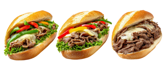 A trio of delicious beef sandwiches featuring fresh vegetables and melted cheese, displayed on a clean surface, with a vibrant background suggesting a casual dining atmosphere