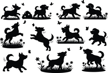 Playful dog silhouettes with butterflies and flowers