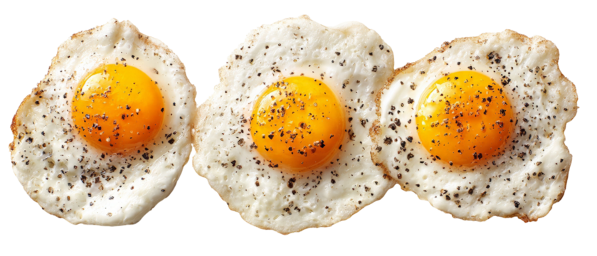 A close-up view of three perfectly cooked fried eggs arranged in a row, showcasing their vibrant yolks and sprinkled with black pepper, ideal for breakfast or culinary presentations