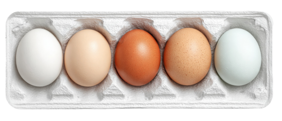 A close-up view of five different colored eggs arranged neatly in a carton, showcasing their unique shades and textures, with a clean white background enhancing their appearance