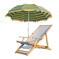 Beach Chair And Umbrella With Yellow And Blue Stripes On A Transparent Background Ready For Summer Vacation