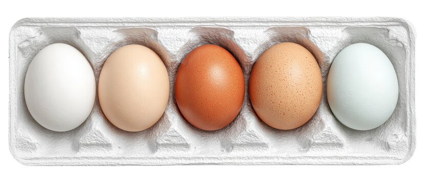 A close-up view of five different colored eggs arranged neatly in a carton, showcasing their unique shades and textures, with a clean white background enhancing their appearance