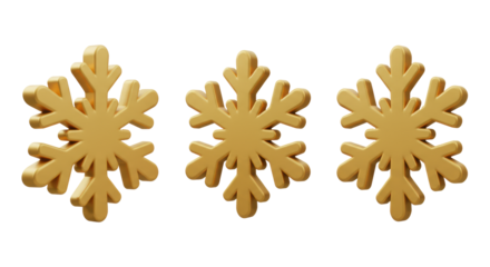 Three stylized golden 3D rendered snowflakes with soft, rounded edges float against a transparent background with copy space, showcasing a cheerful winter holiday decor atmosphere