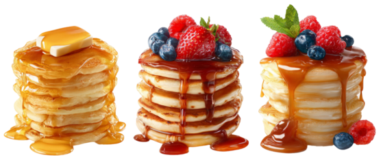 A delicious stack of fluffy pancakes topped with butter, fresh berries, and syrup, showcasing a tempting breakfast scene perfect for food enthusiasts and culinary presentations