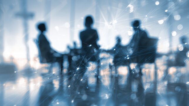 Blurred business meeting silhouettes overlaid with digital network graphics