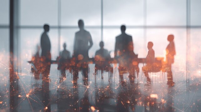 Silhouettes of business people overlaid with city lights and network lines. - Powered by Adobe