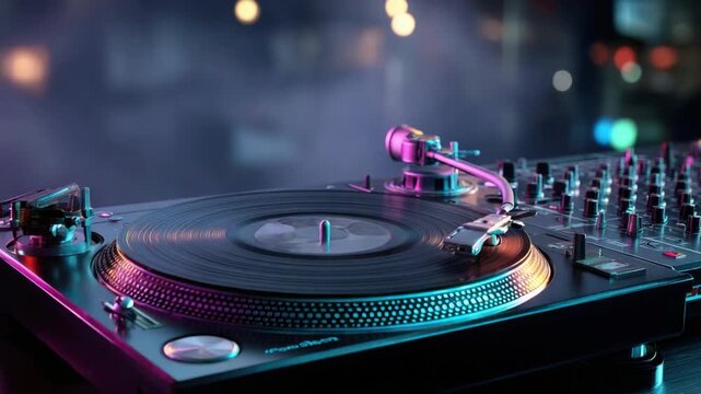 Close-up of a DJ setup featuring a turntable, mixer, and vinyl record with vibrant neon lighting