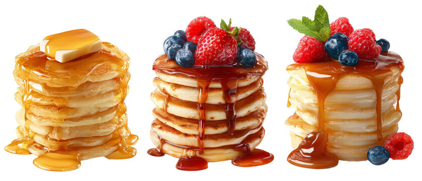 A delicious stack of fluffy pancakes topped with butter, fresh berries, and syrup, showcasing a tempting breakfast scene perfect for food enthusiasts and culinary presentations