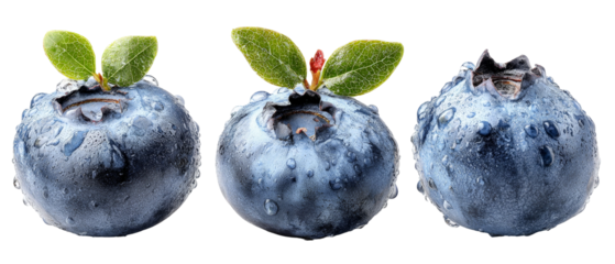 Three close-up blueberries with water droplets, showcasing their rich color and texture, set against a white background, ideal for food photography and healthy lifestyle themes
