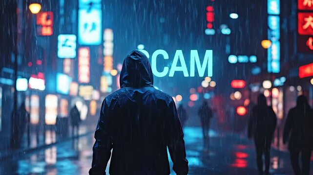 Walking into the digital shadows A solitary person confronts the pervasive warning of 'SCAM' in a rainy, futuristic city street, depicting the modern perils of online deceit