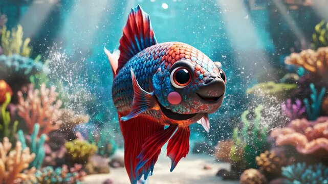 A whimsical and charming cartoon fish with a joyful smile swims through a vibrant and sunlit coral reef paradise
