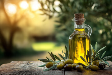 Premium Olive Oil Bottle with Olives on Wooden Table, Clean Gradient Background