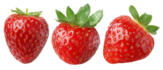 Three ripe strawberries arranged closely, showcasing their vibrant red color and green leafy tops, set against a clean, white background, ideal for culinary or health-related uses